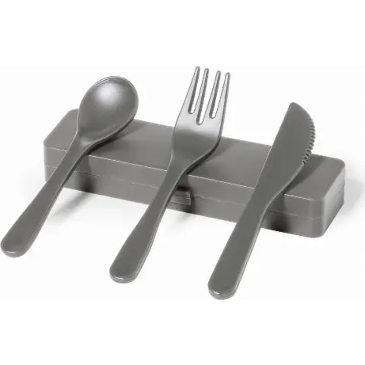 A portable cutlery set featuring a spoon, fork, and knife, all in grey, housed in a matching case.