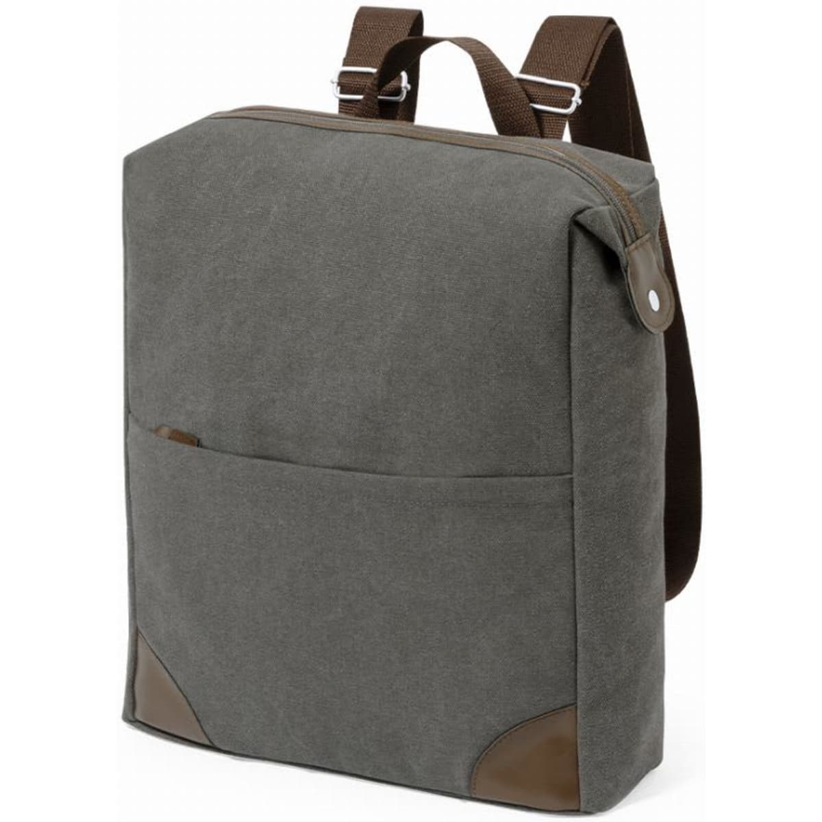 A grey backpack with brown leather accents and a front pocket, featuring shoulder straps for carrying.