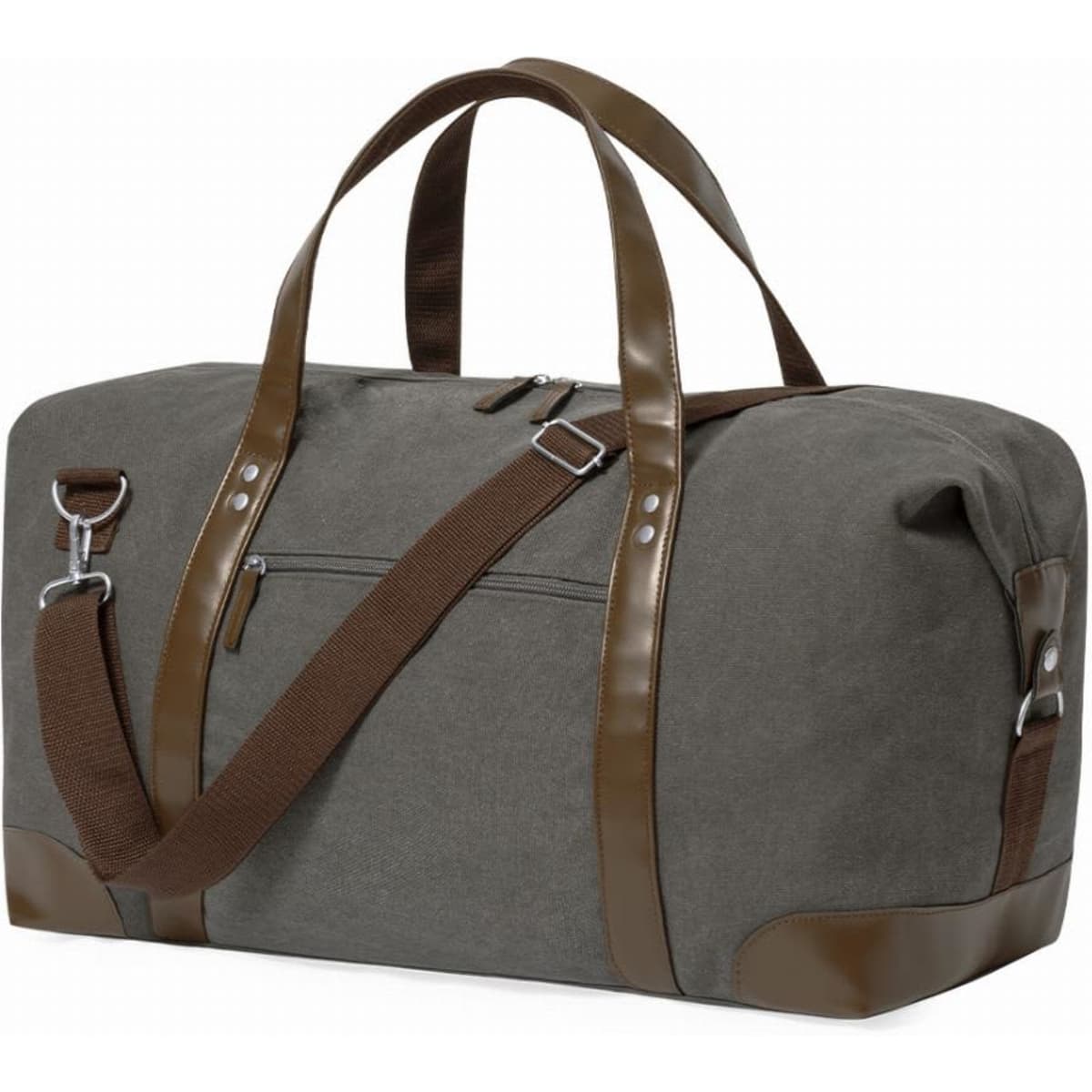A grey duffel bag with brown leather accents and handles, featuring a zippered pocket on the front.