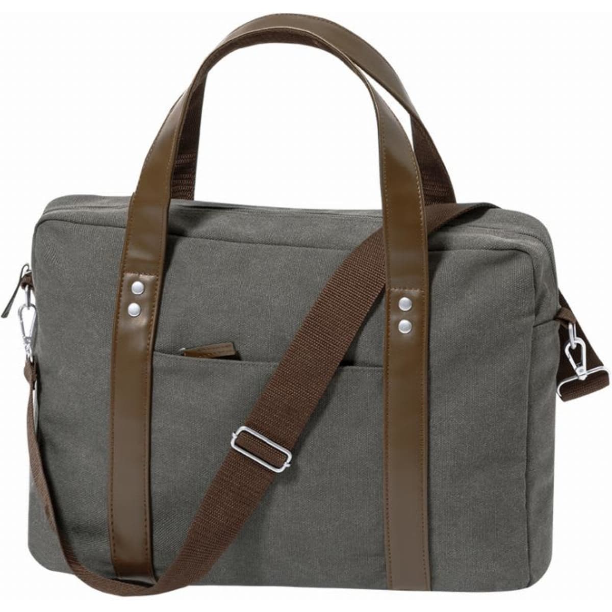 A grey canvas bag with brown leather straps and a detachable shoulder strap, featuring multiple pockets.