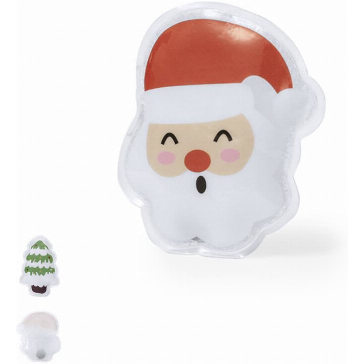 A festive silicone decoration featuring a smiling Santa Claus face and a small Christmas tree design.