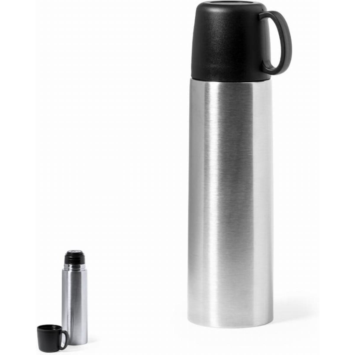 A stainless steel drink bottle with a black lid, alongside a small black cup.