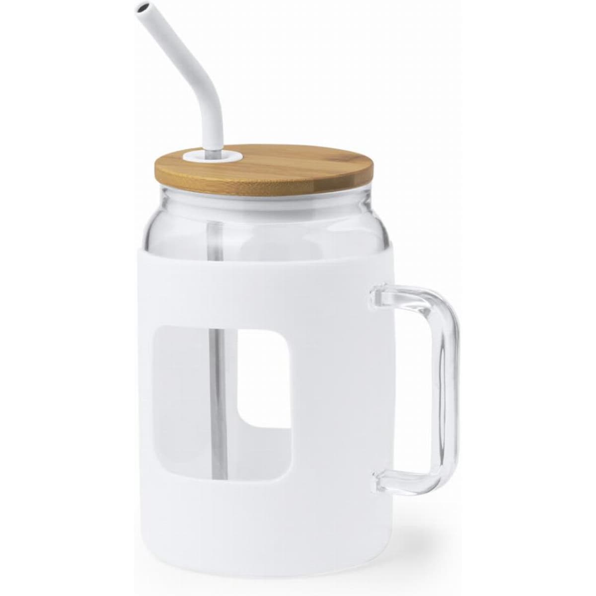 A drink bottle with a transparent glass body, white silicone sleeve, wooden lid, and a straw.