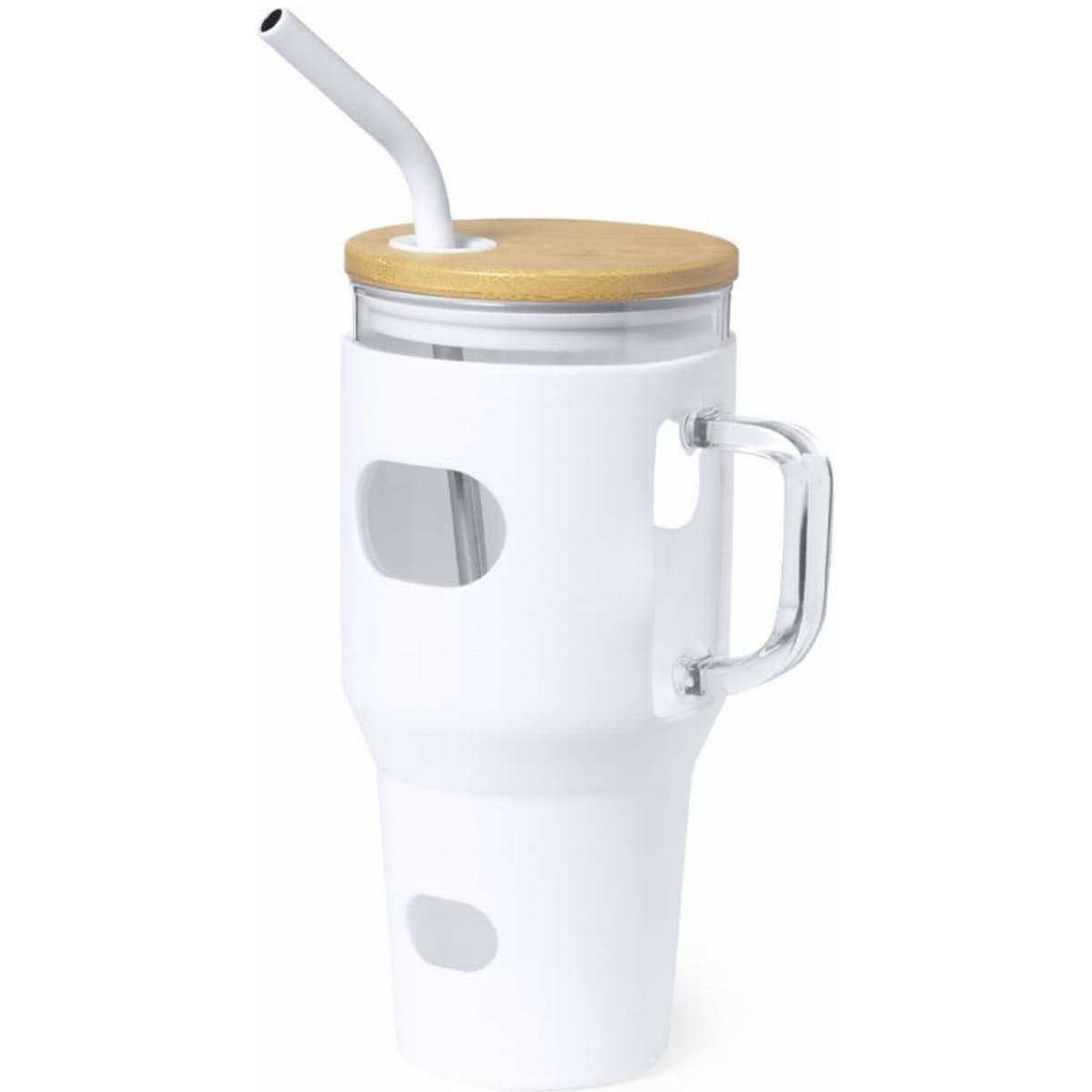 A drink bottle with a transparent body, white silicone sleeve, and bamboo lid featuring a straw.