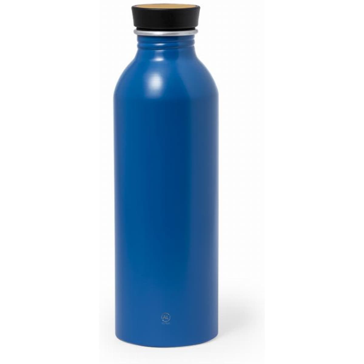 A drink bottle in a vibrant blue colour with a wooden lid and a minimalist design. It features a logo on the side.