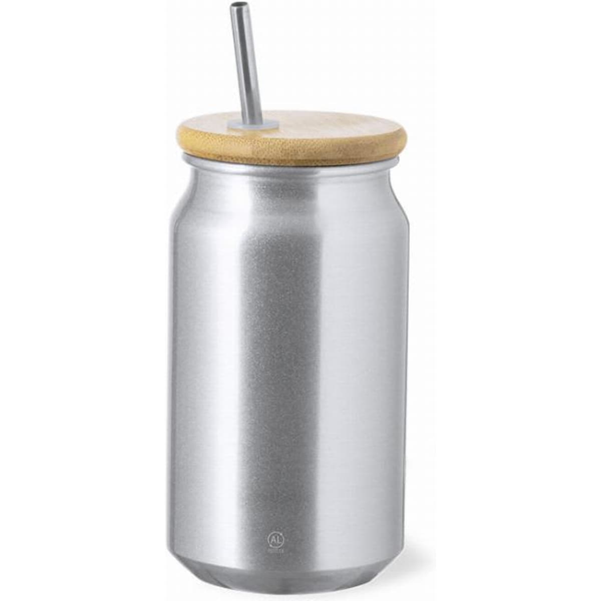 A drink bottle resembling a silver can with a bamboo lid and metal straw. Logo visible on the bottom.