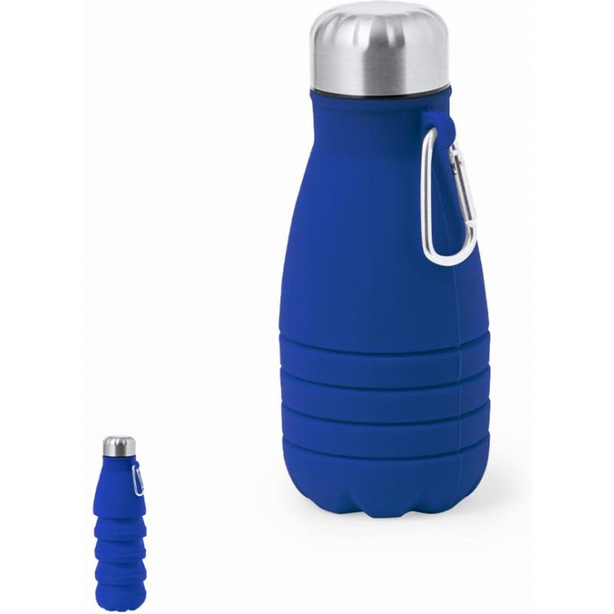 A drink bottle in a vibrant blue silicone with a stainless steel lid and a carabiner clip. Features a ridged design.