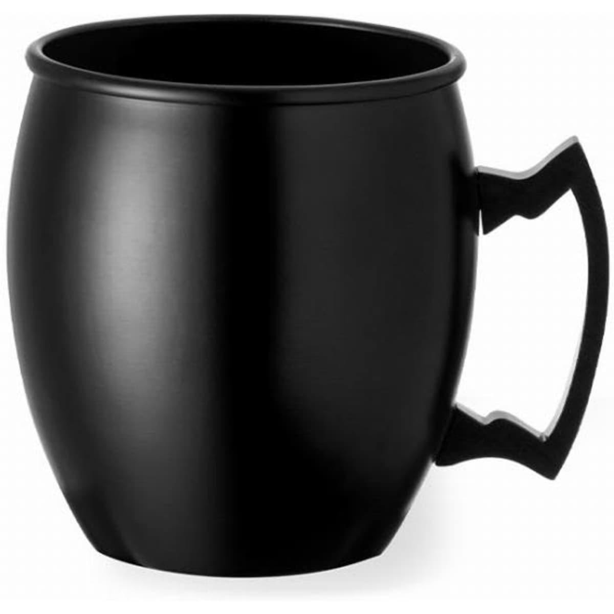 A black mug with a unique, curved shape and a handle, featuring a smooth matte finish.