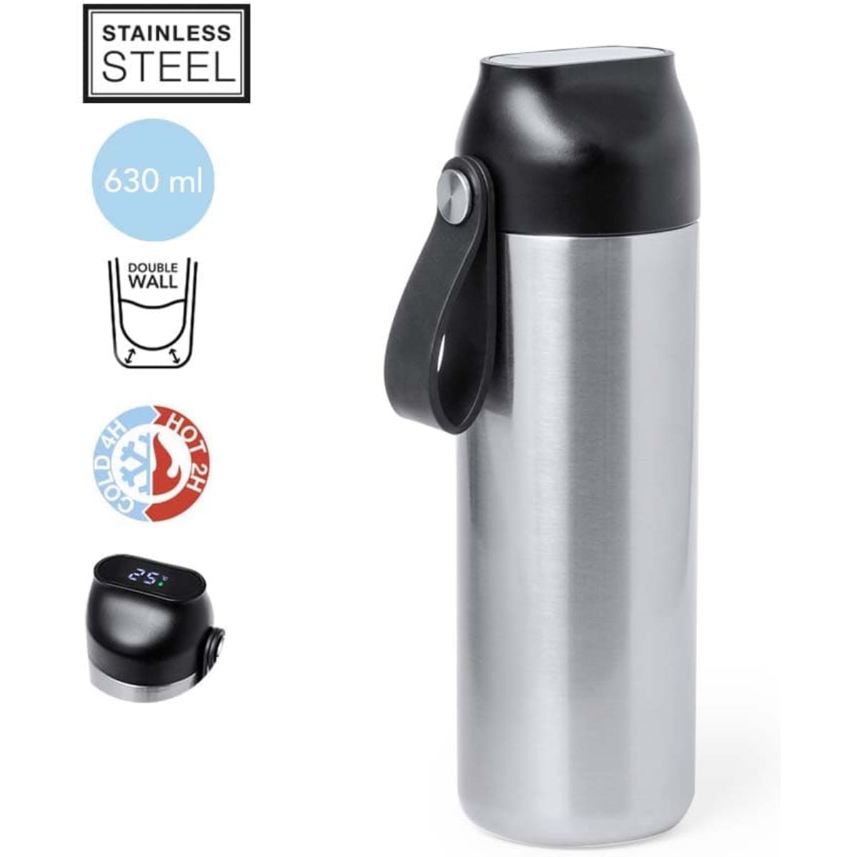 A stainless steel drink bottle with a black lid and strap, featuring a double wall design and a temperature display.