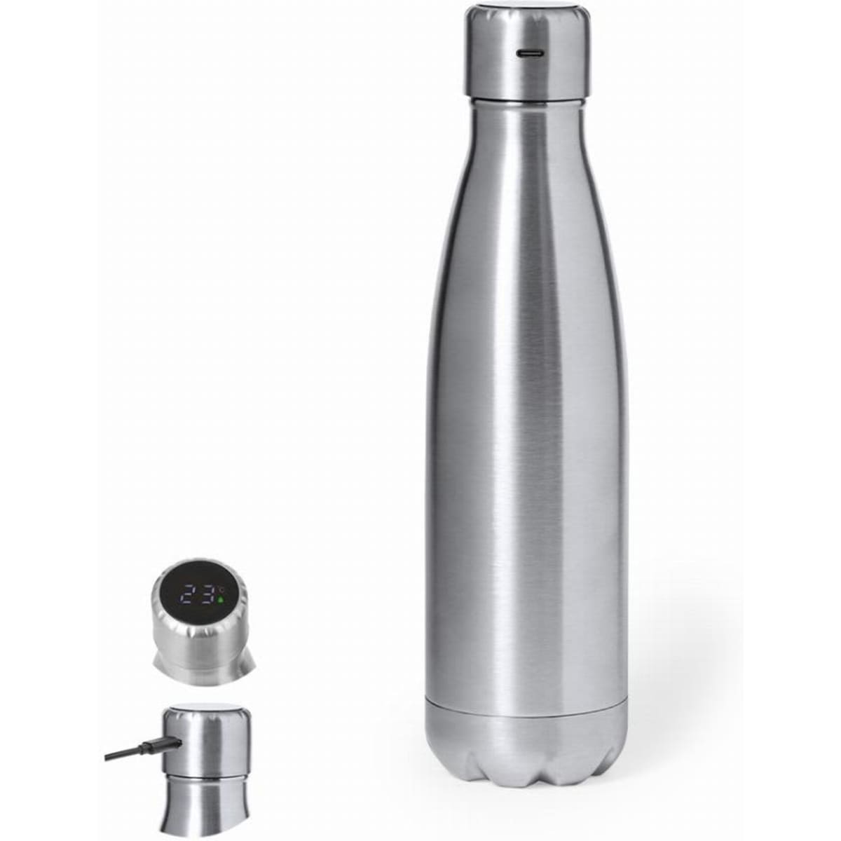 A drink bottle featuring a sleek stainless steel design with a digital temperature display and a silver finish.