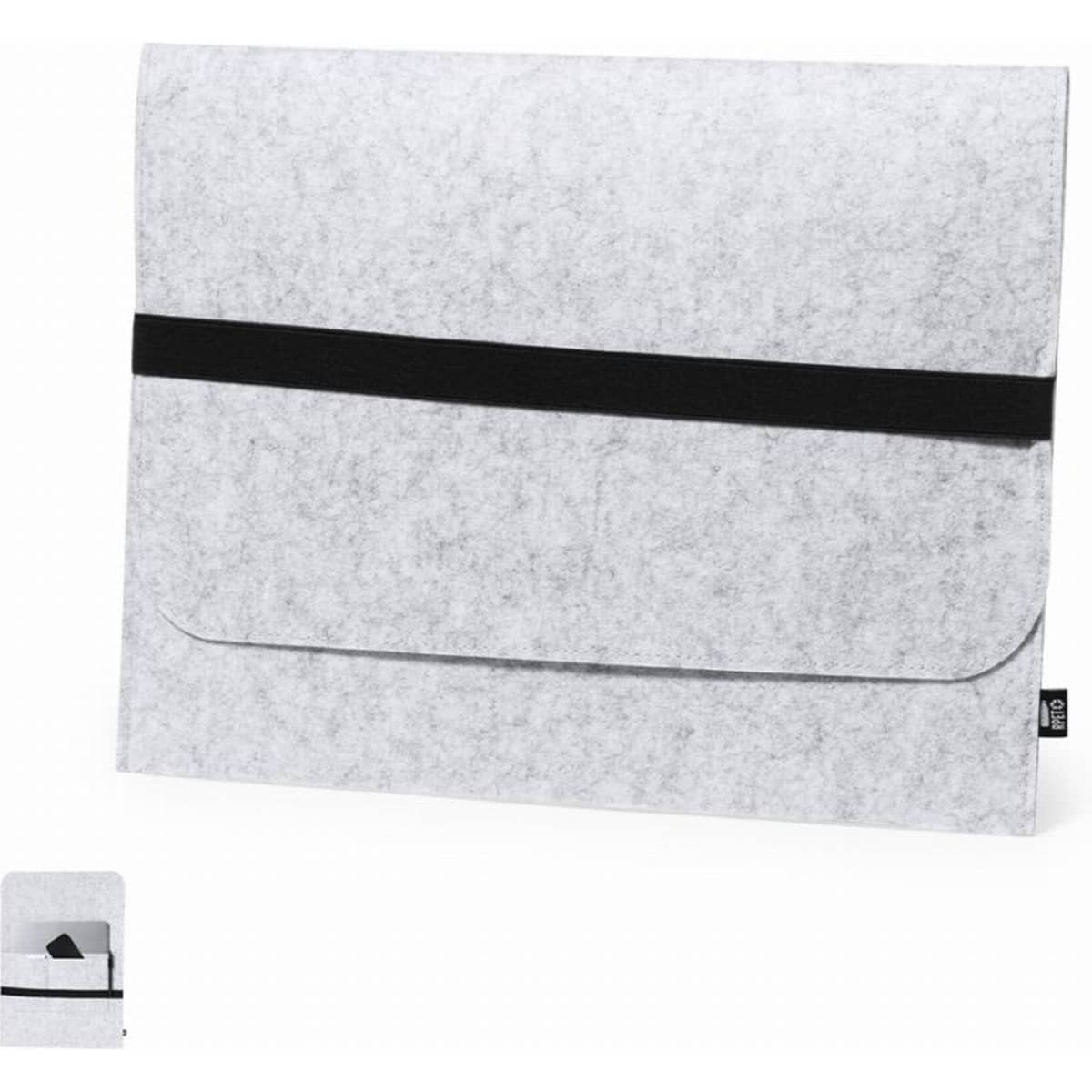 A grey felt laptop sleeve with a black elastic band closure, featuring a small pocket on the front.