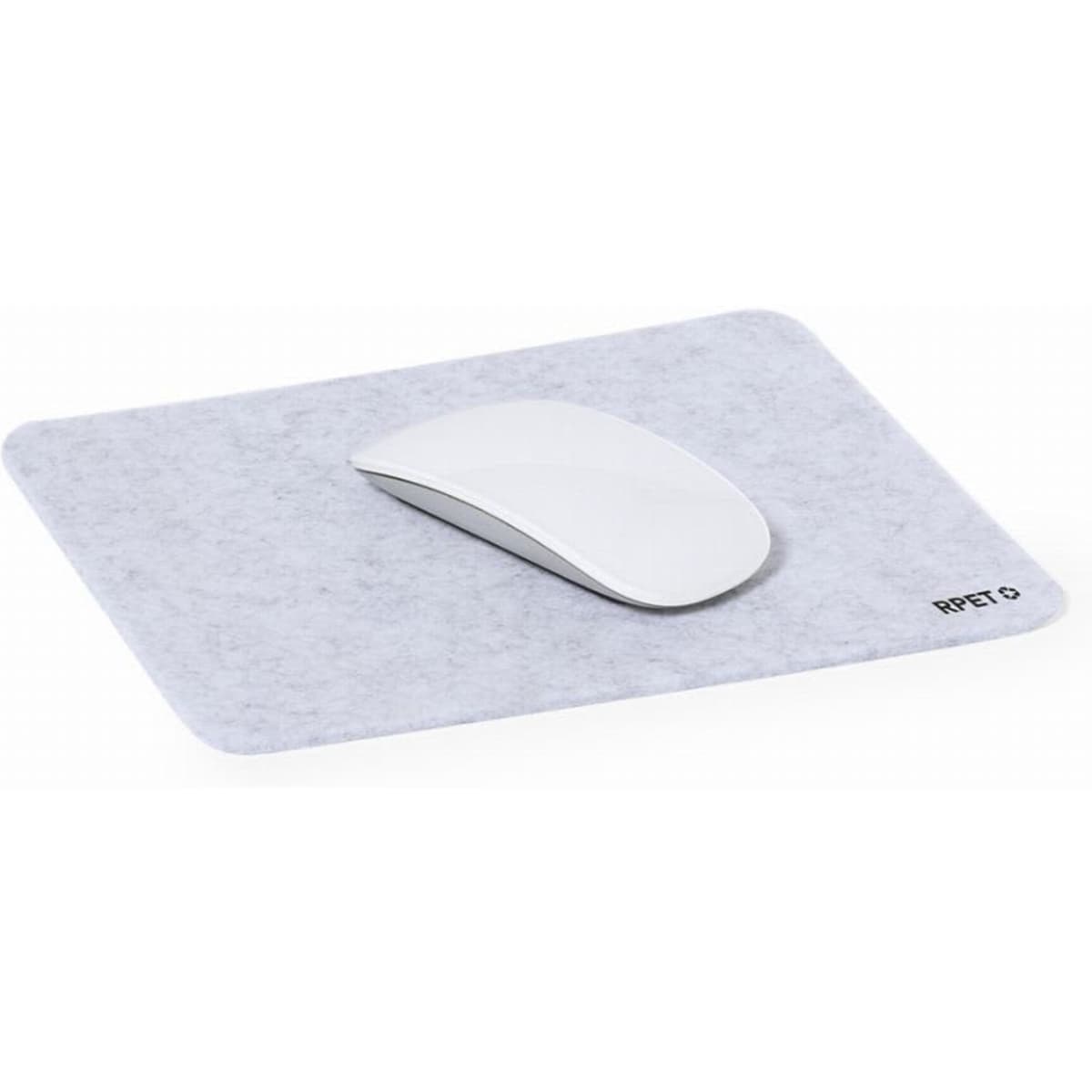 A mouse pad featuring a light grey surface with a white computer mouse placed on top.