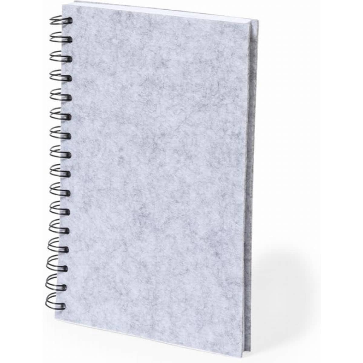 A grey spiral-bound notebook with a soft cover and a textured finish, featuring metal wire binding.