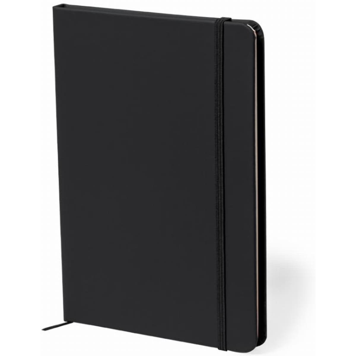 A black notebook with a ribbon bookmark and an elastic band closure. It features a sleek, minimalist design.