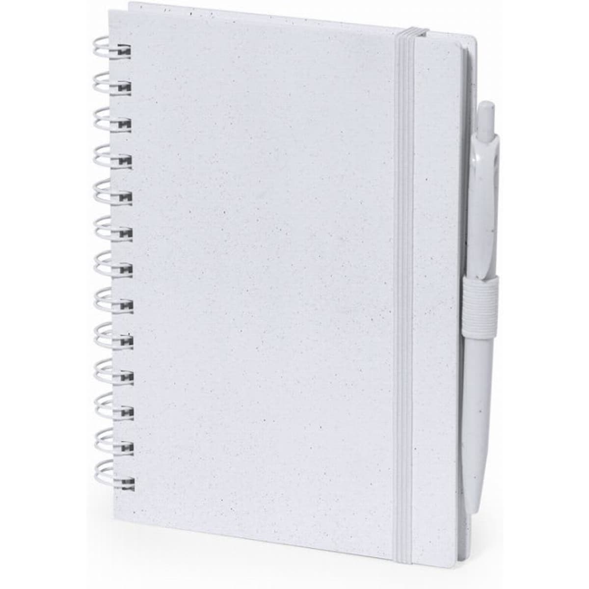 A white spiral-bound notebook with an elastic band and a matching pen attached.