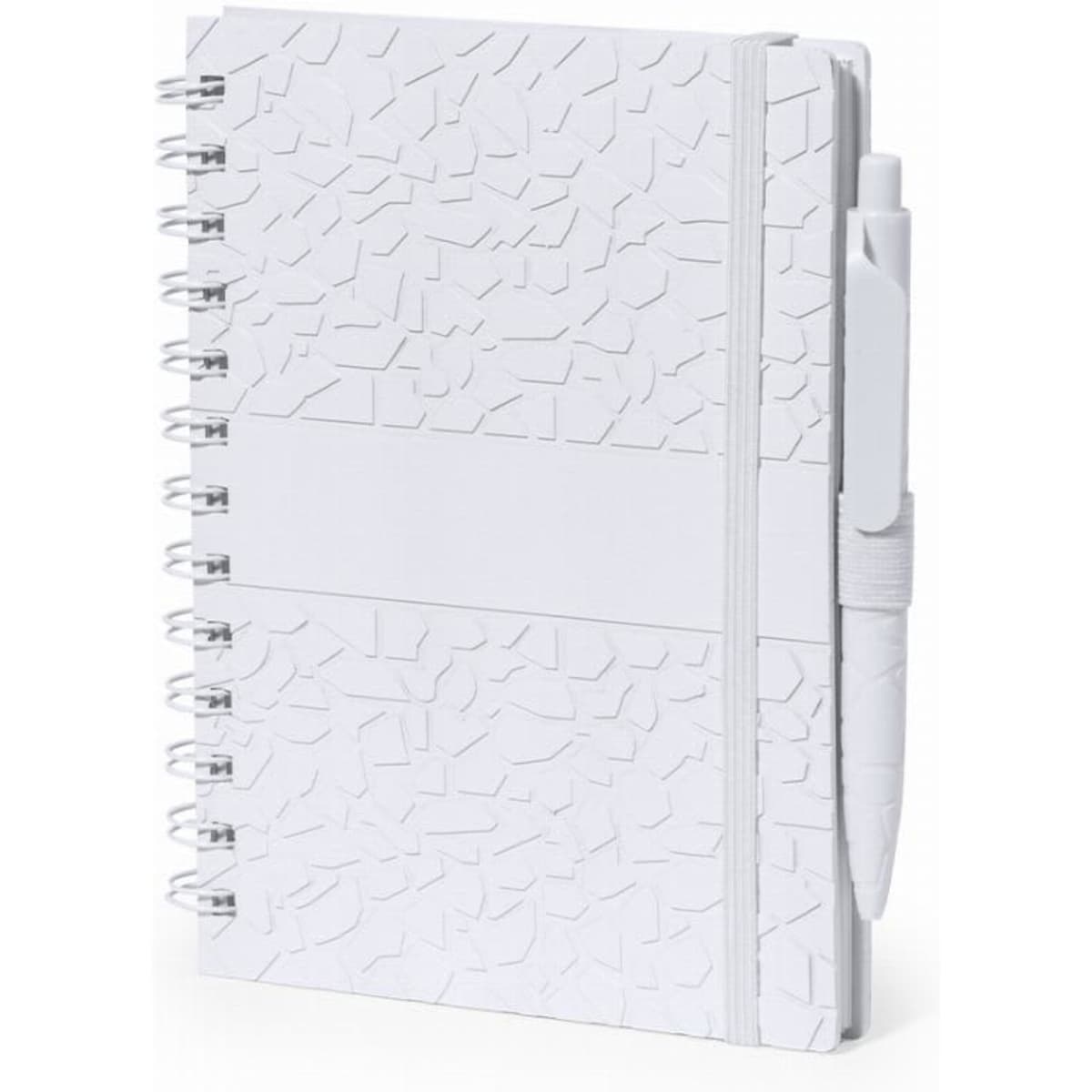 A notebook featuring a textured white cover, spiral binding, and a matching white pen attached.