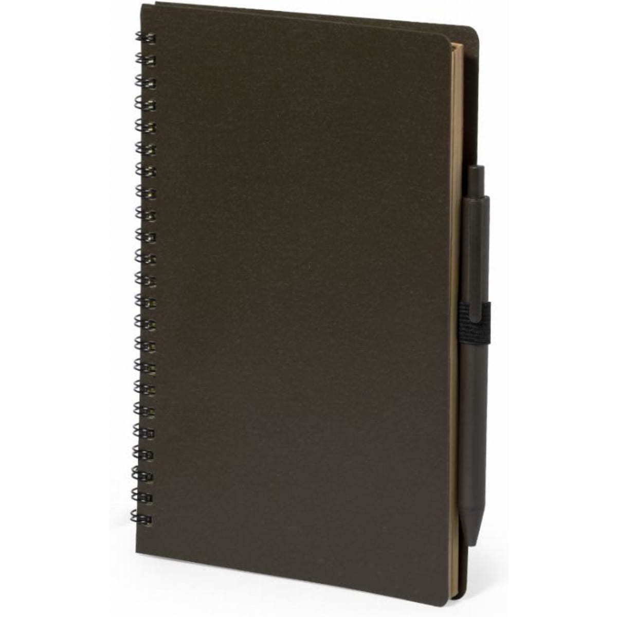 A spiral-bound notebook in dark brown with a pen attached on the side.