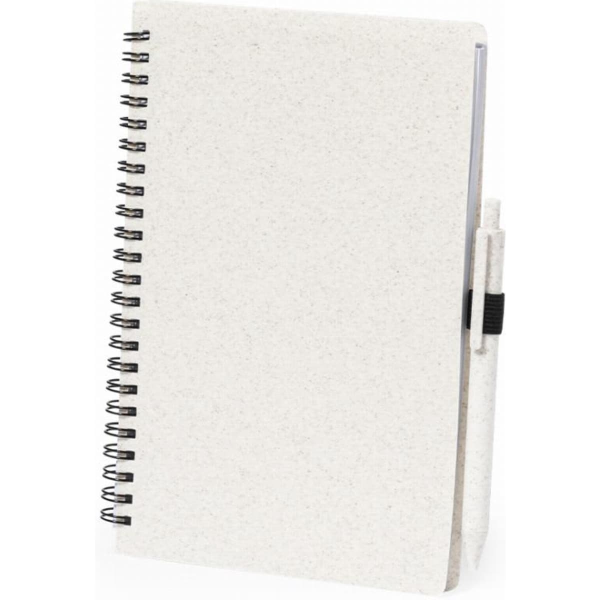 A spiral-bound notebook in a cream colour, featuring a matching pen attached. It has a textured cover and visible rings.