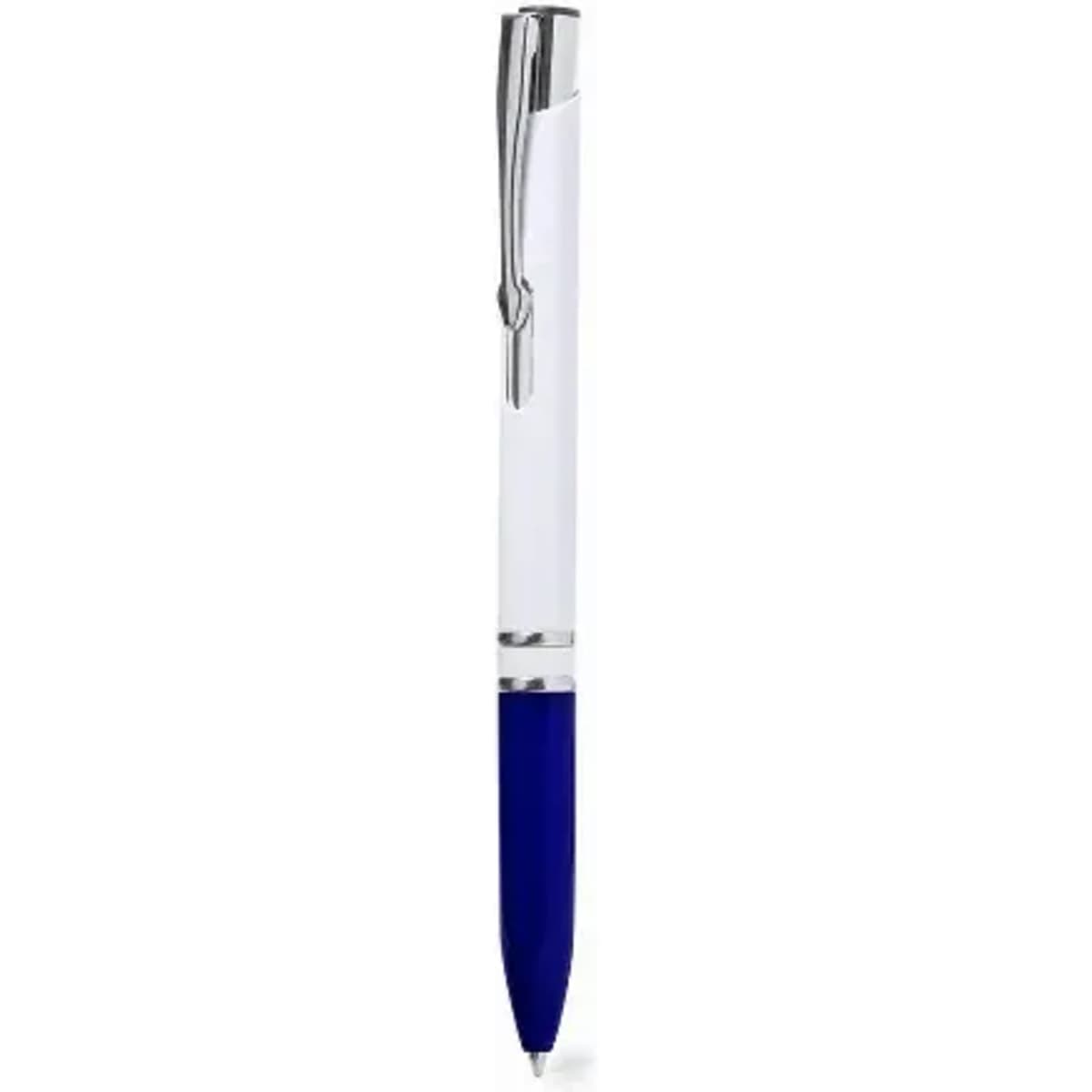 A pen with a white barrel, blue grip, and silver accents. It features a clip and has branding.