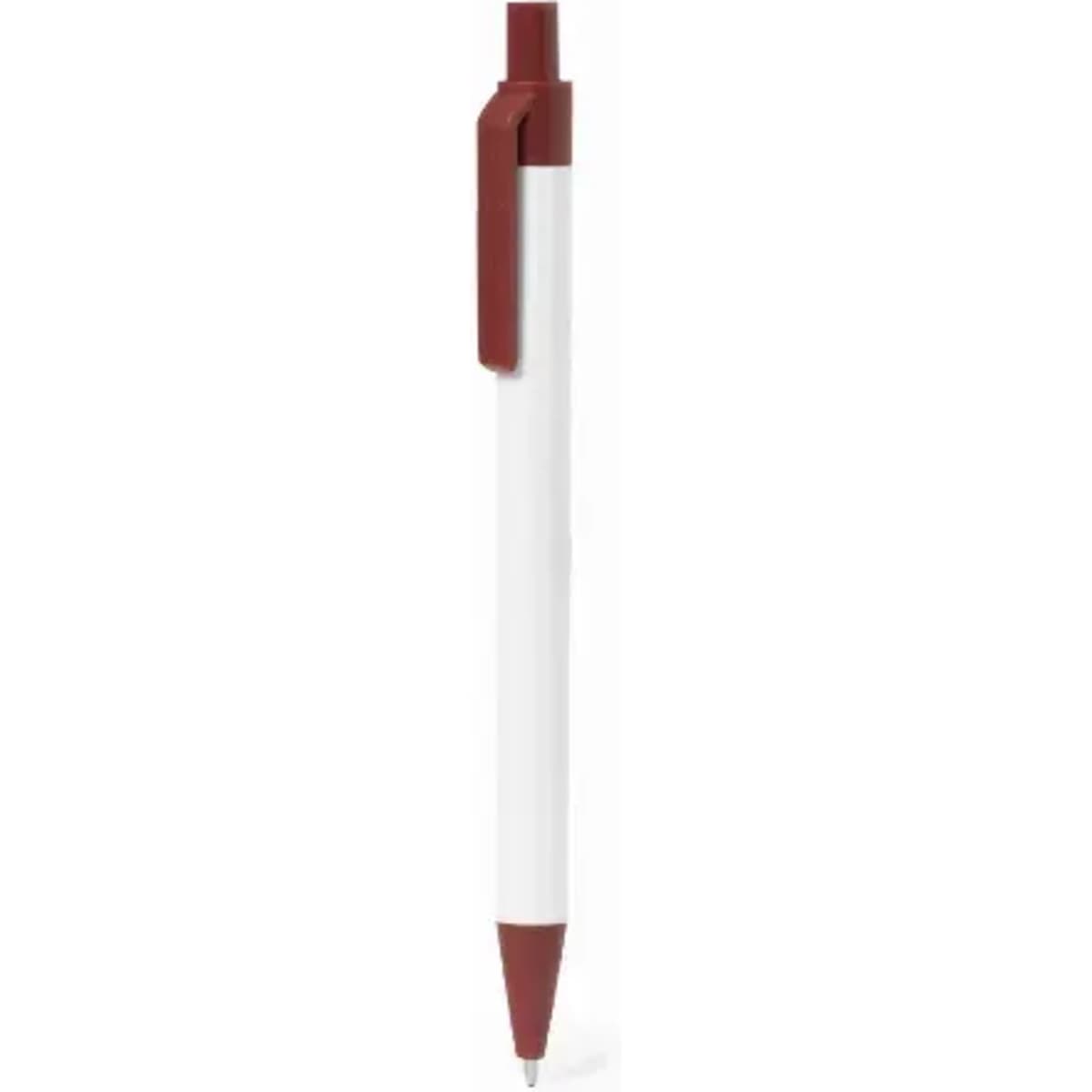 A pen with a white body and a maroon clip and tip, featuring a simple design and a logo.