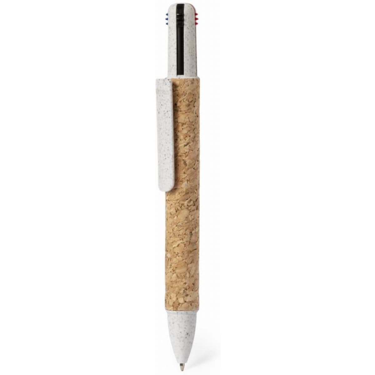 A pen with a white barrel and cork grip, featuring a silver clip and black ink tip, alongside a logo.