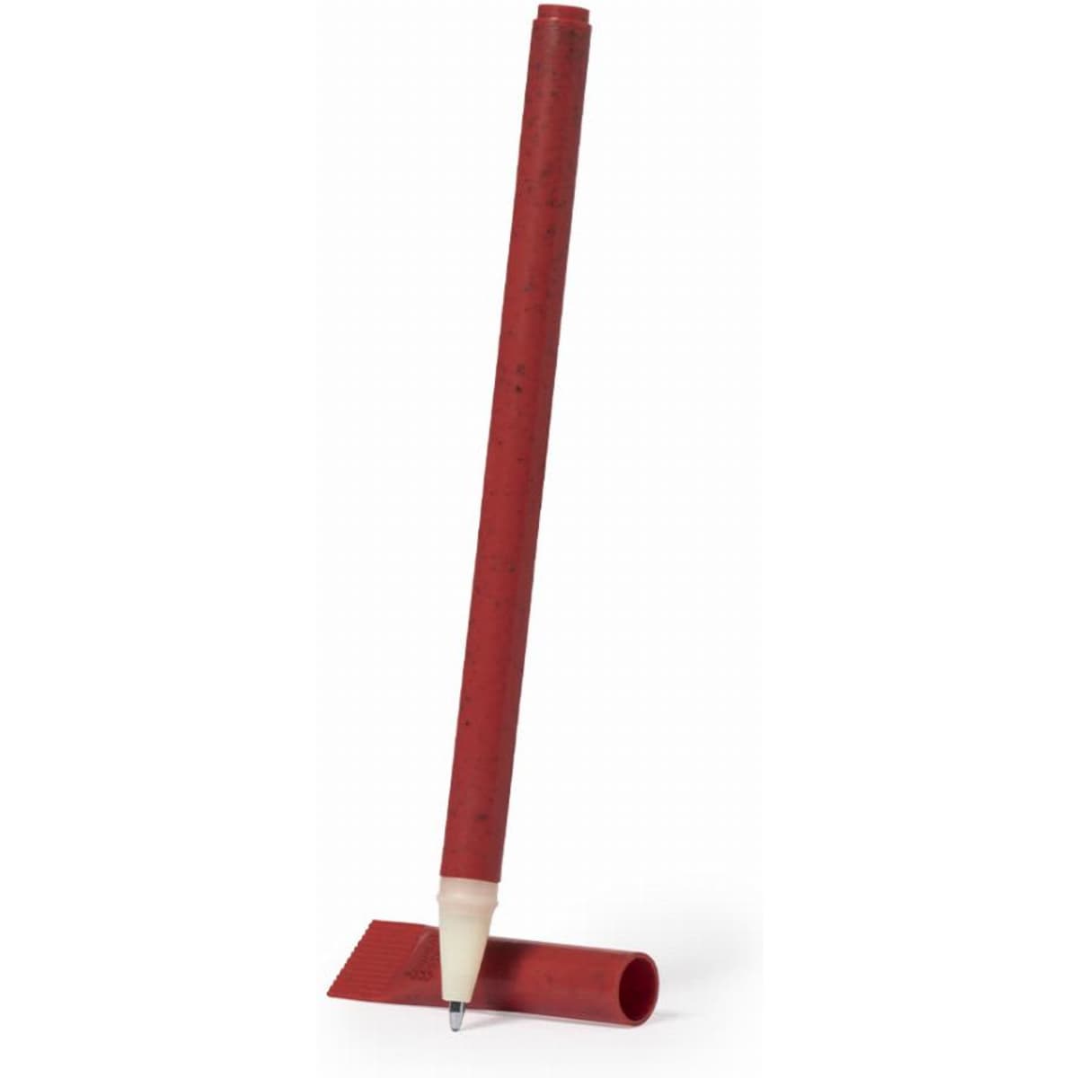 A red pen with a unique, tapered design and a cap placed beside it. The pen features a white tip.