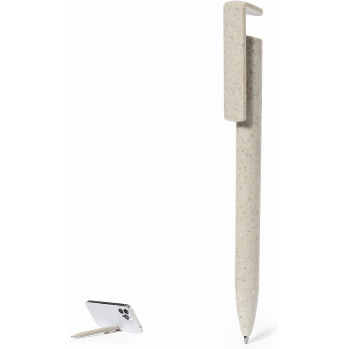 A biodegradable pen in a light beige colour with a clip, beside a phone. Features a simple, eco-friendly design.