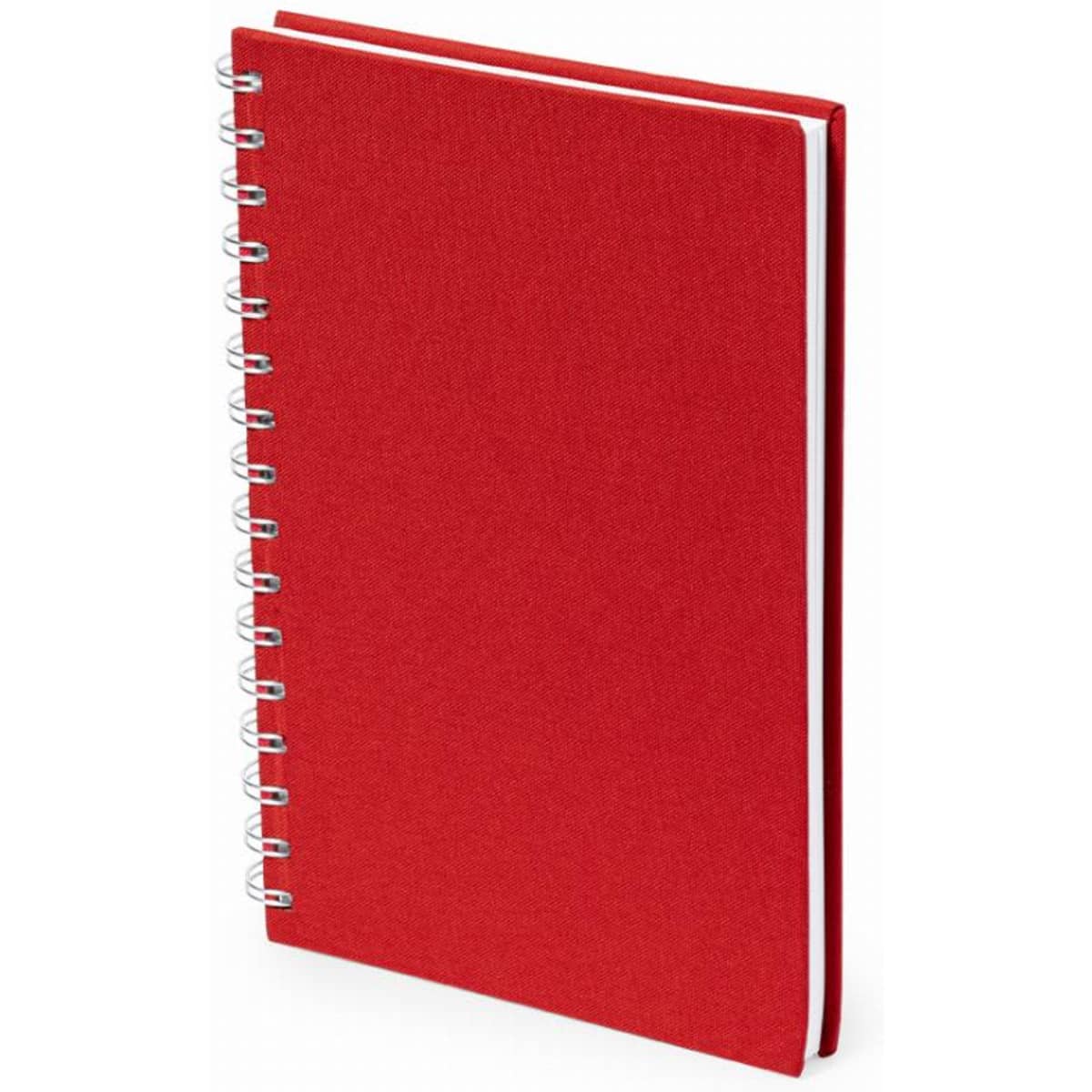 A red notebook with a spiral binding, featuring a plain cover and a simple design.