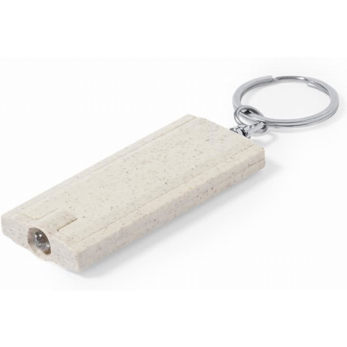 A keychain flashlight in a light beige colour with a metal ring. It has a simple rectangular design.