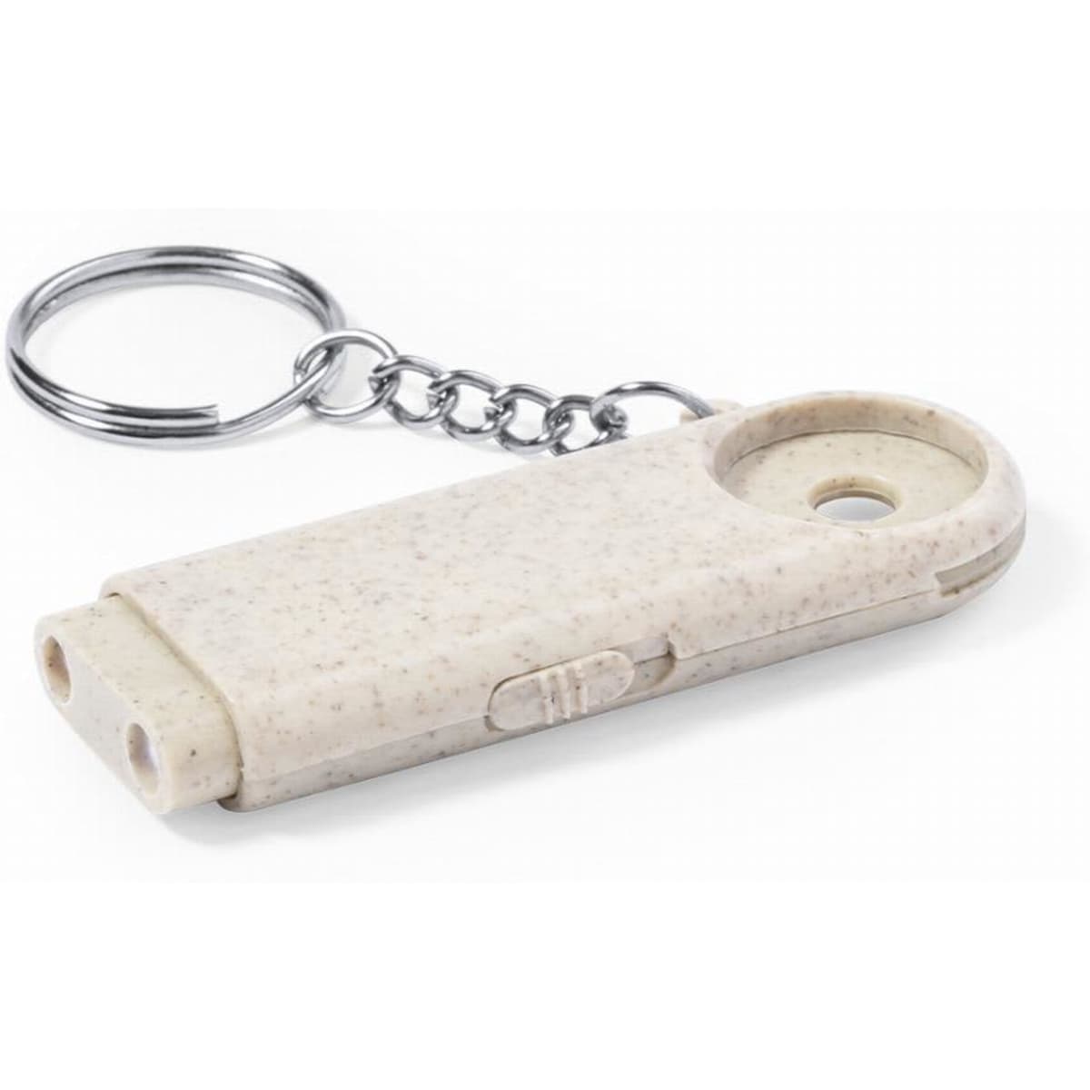 A keychain designed in a light beige colour, featuring a retractable mechanism and a circular hole for attachment.