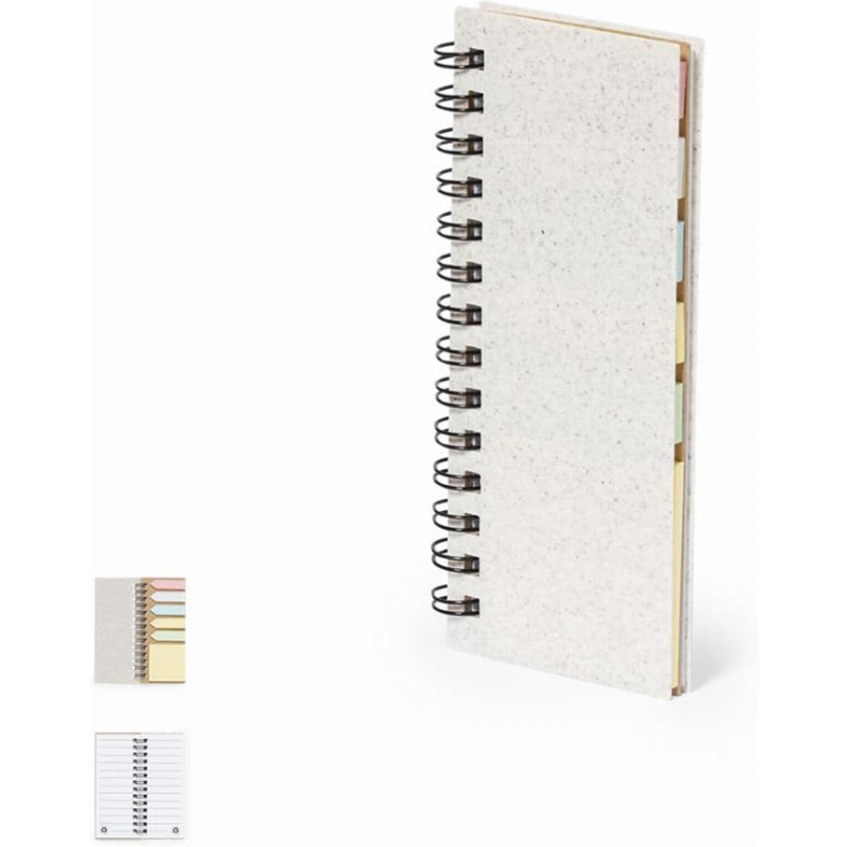 A spiral-bound notebook with a textured cover, featuring multi-coloured tabs and blank white pages. It has a logo.