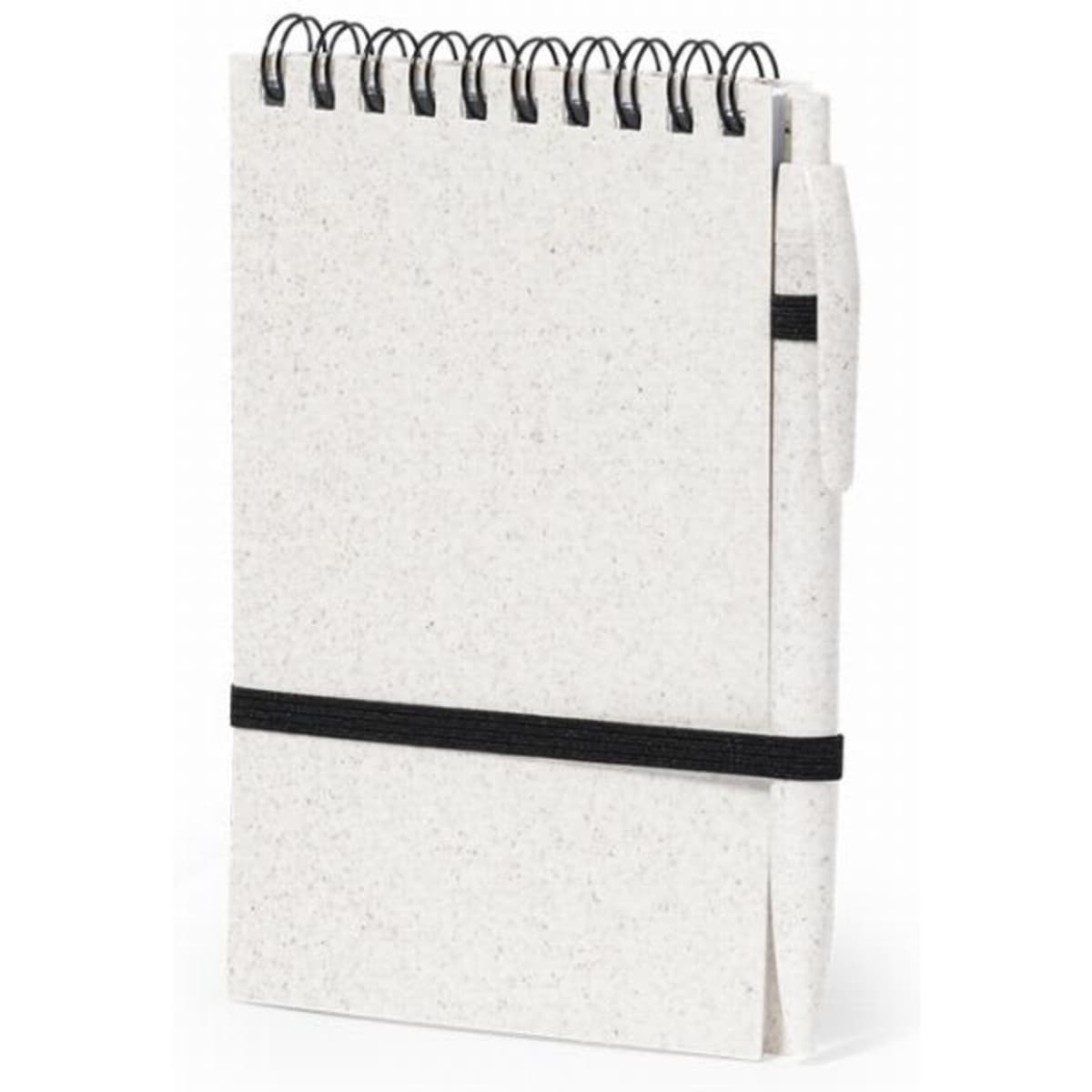 A notebook with a spiral binding, featuring a white cover made from recycled material and an attached pen.