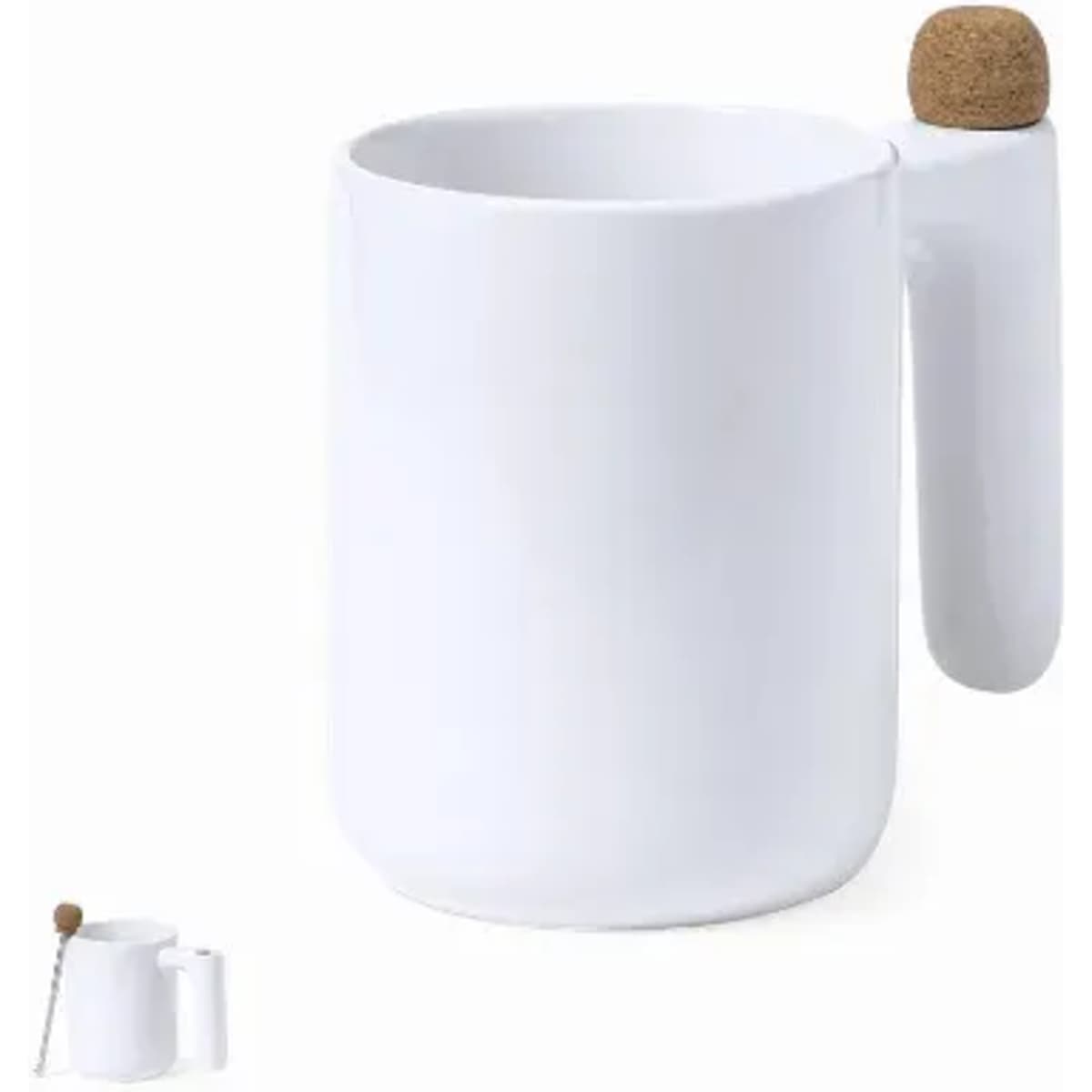 A white drink bottle with a cork stopper and a unique handle design. It features a simple and modern shape.