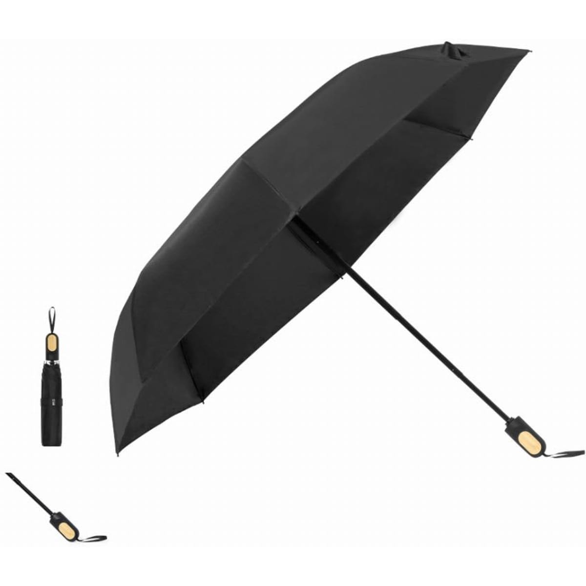 A black umbrella with a compact design that can be stored in a portable pouch. It features a sleek handle and a logo.