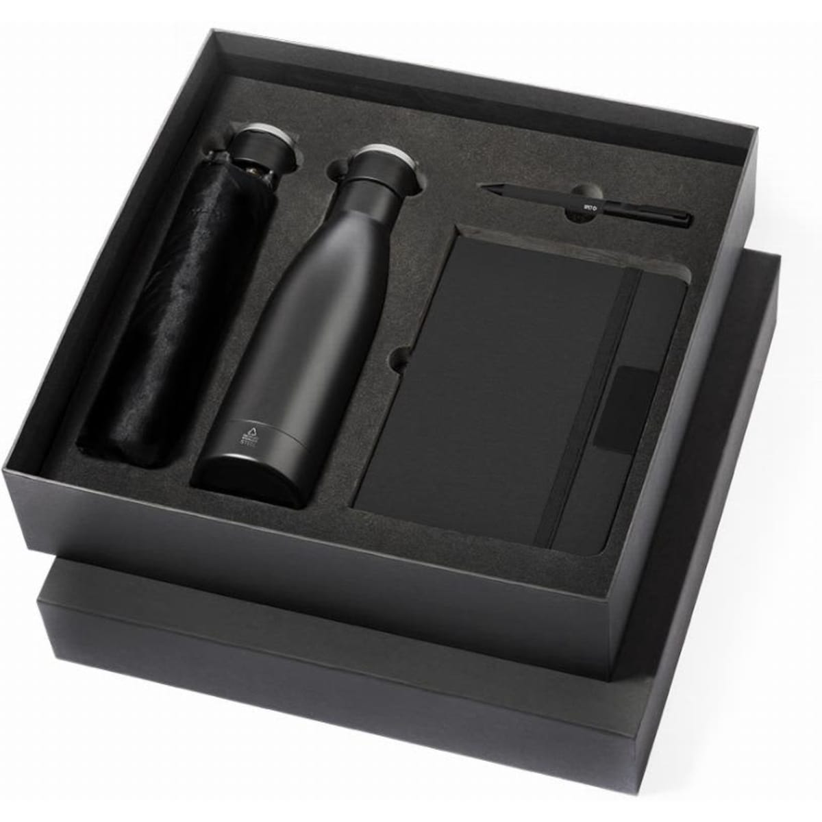 A drink bottle, notebook, and pen in a stylish black gift box, featuring a logo on the items.
