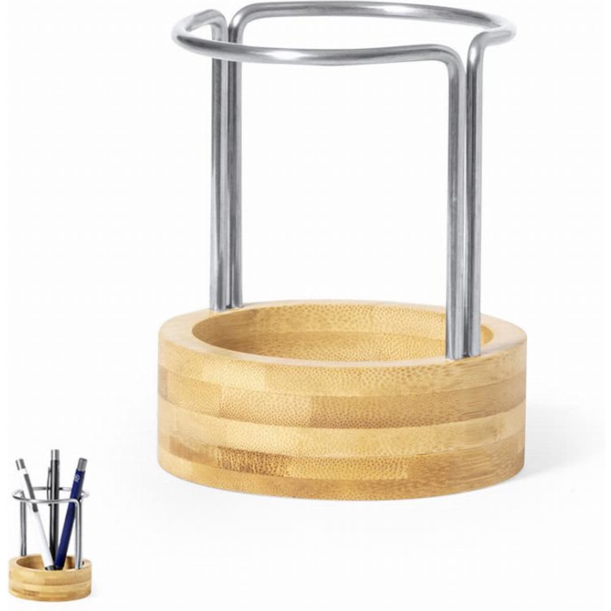 A bamboo pen holder with a stainless steel holder, designed for organising writing instruments.