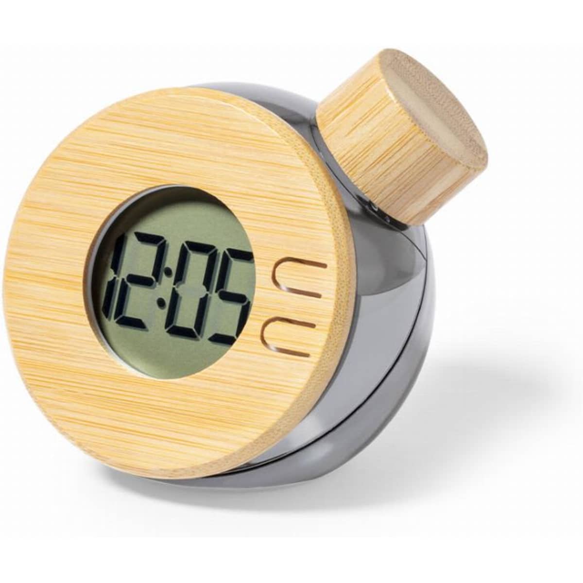 A digital clock with a round bamboo casing and a metallic body, displaying the time 12:05.