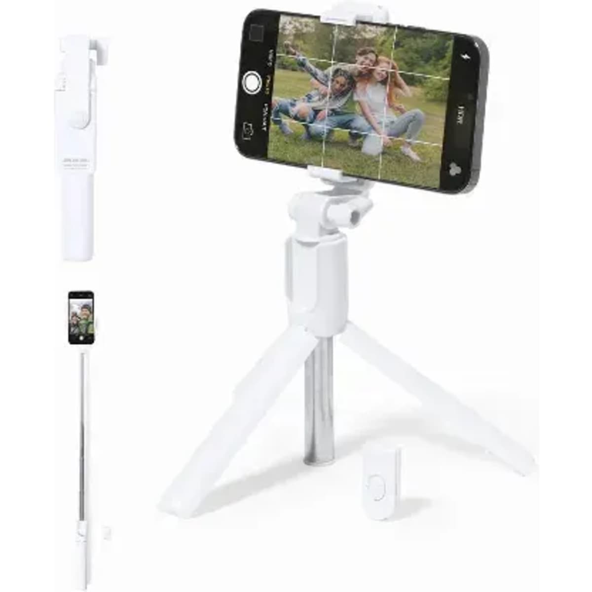 A white tripod with a phone holder and a remote shutter, designed for taking photos or videos.