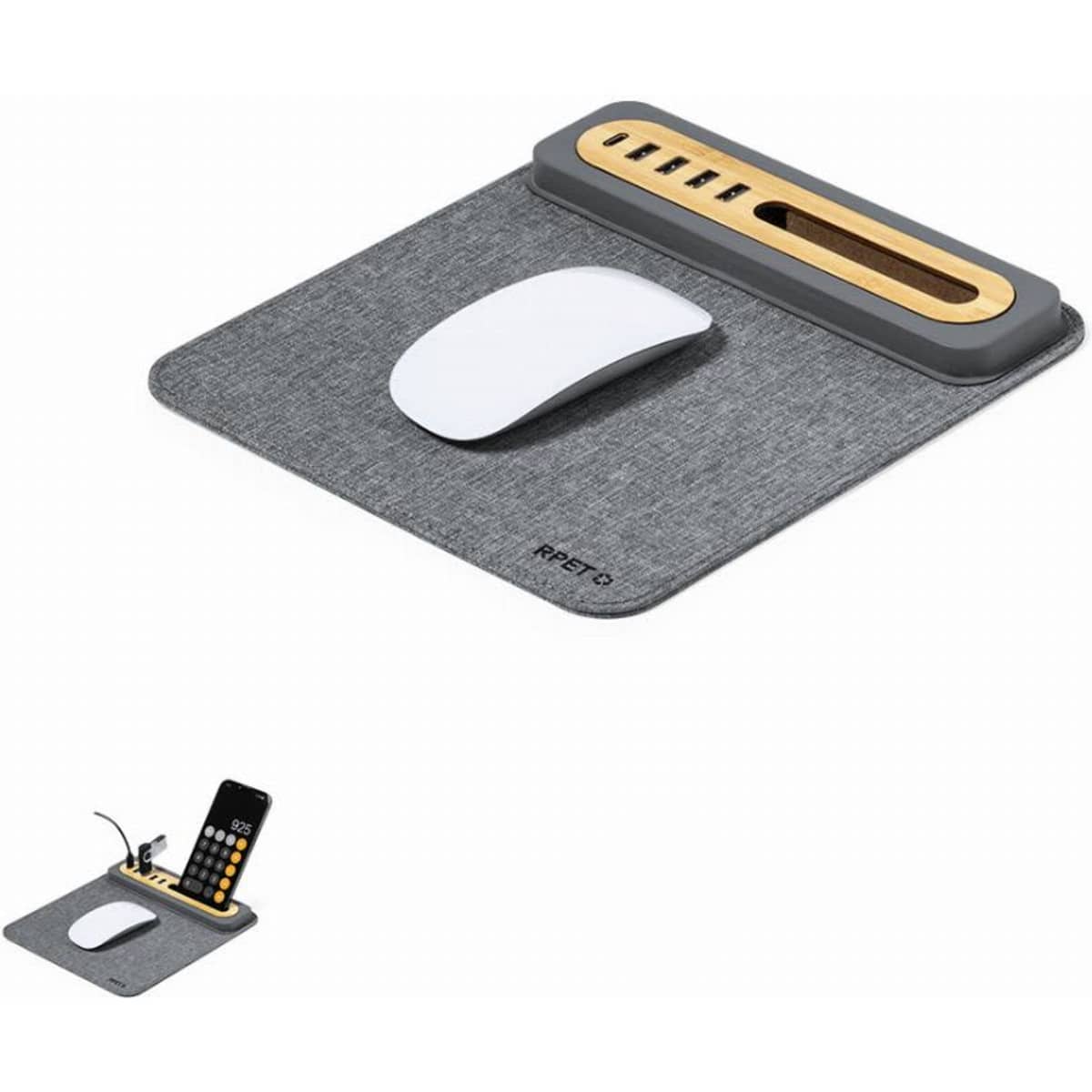 A grey mouse pad with a wooden docking station for devices and a white mouse, featuring a sleek design.
