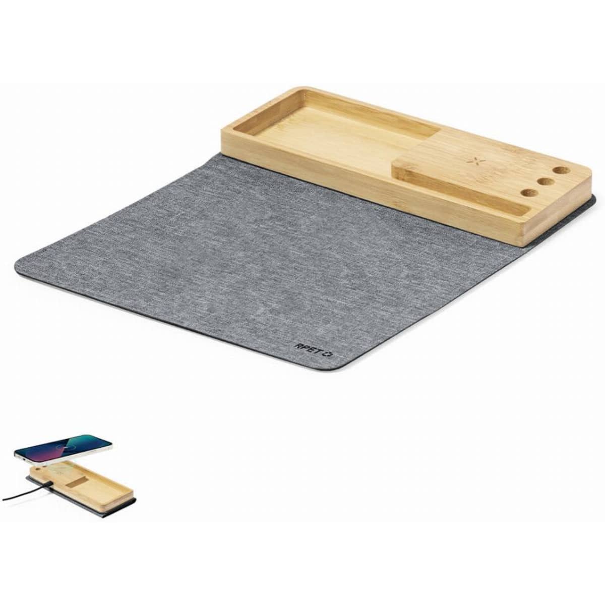 A grey desk mat with a wooden tray, featuring compartments for organising items and a space for charging devices.