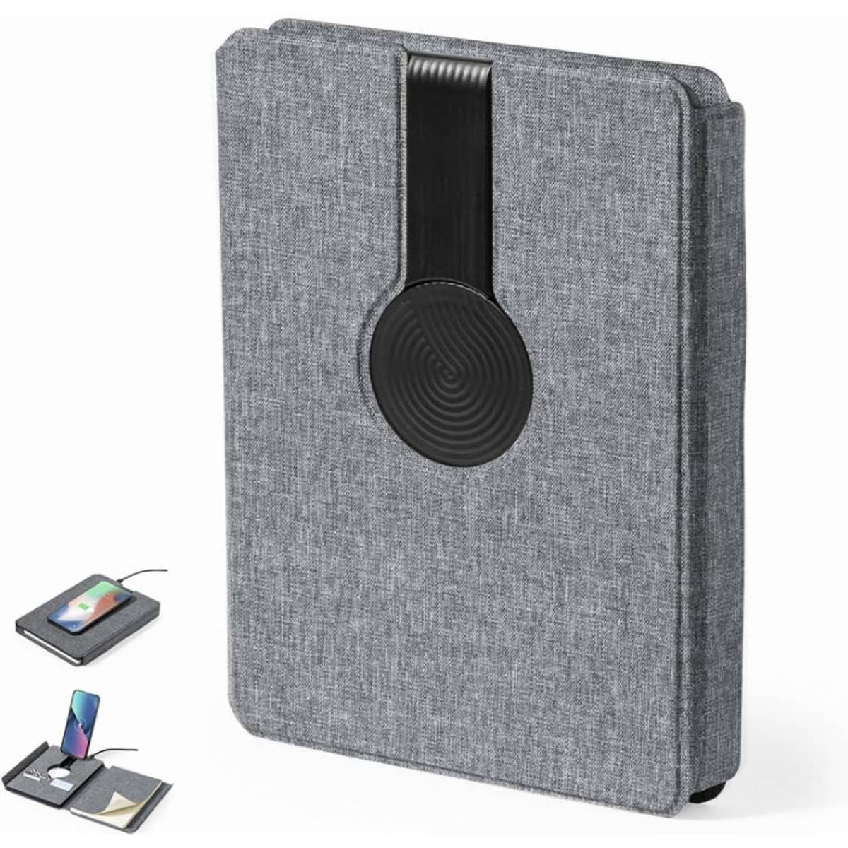 A grey tablet case with a textured fabric finish and a black circular accent. It features a logo on the front.