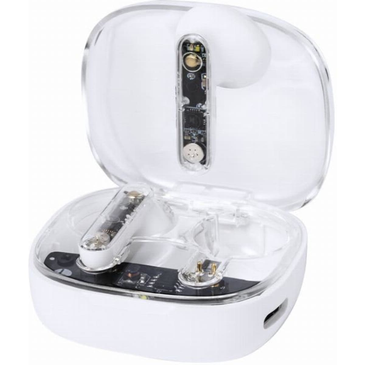 A wireless earbud charging case in white, with the earbuds placed inside and a clear lid.