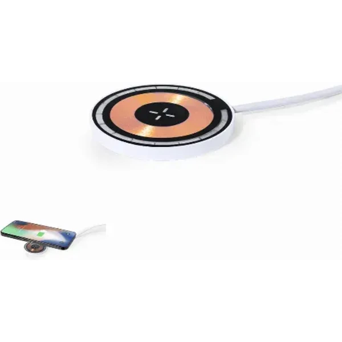 A wireless charging pad in a circular design with a white and copper colour scheme, connected by a cable.
