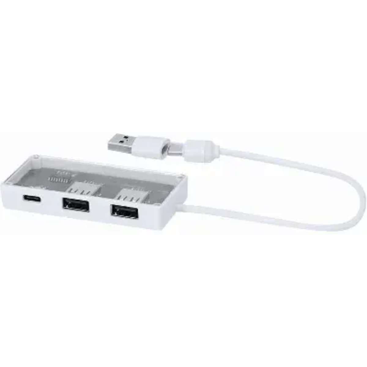 A USB hub in white featuring one USB-C port and two USB-A ports, connected by a white cable.