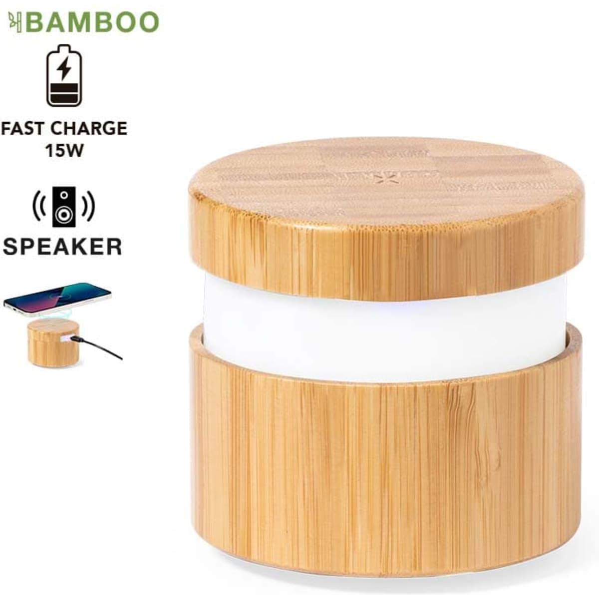 A bamboo speaker and fast charger featuring a sleek, round design with a natural finish and white inner section.