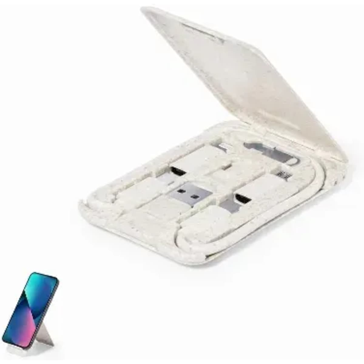 A portable phone charger in a silver case with a USB connector and a phone on a stand beside it.