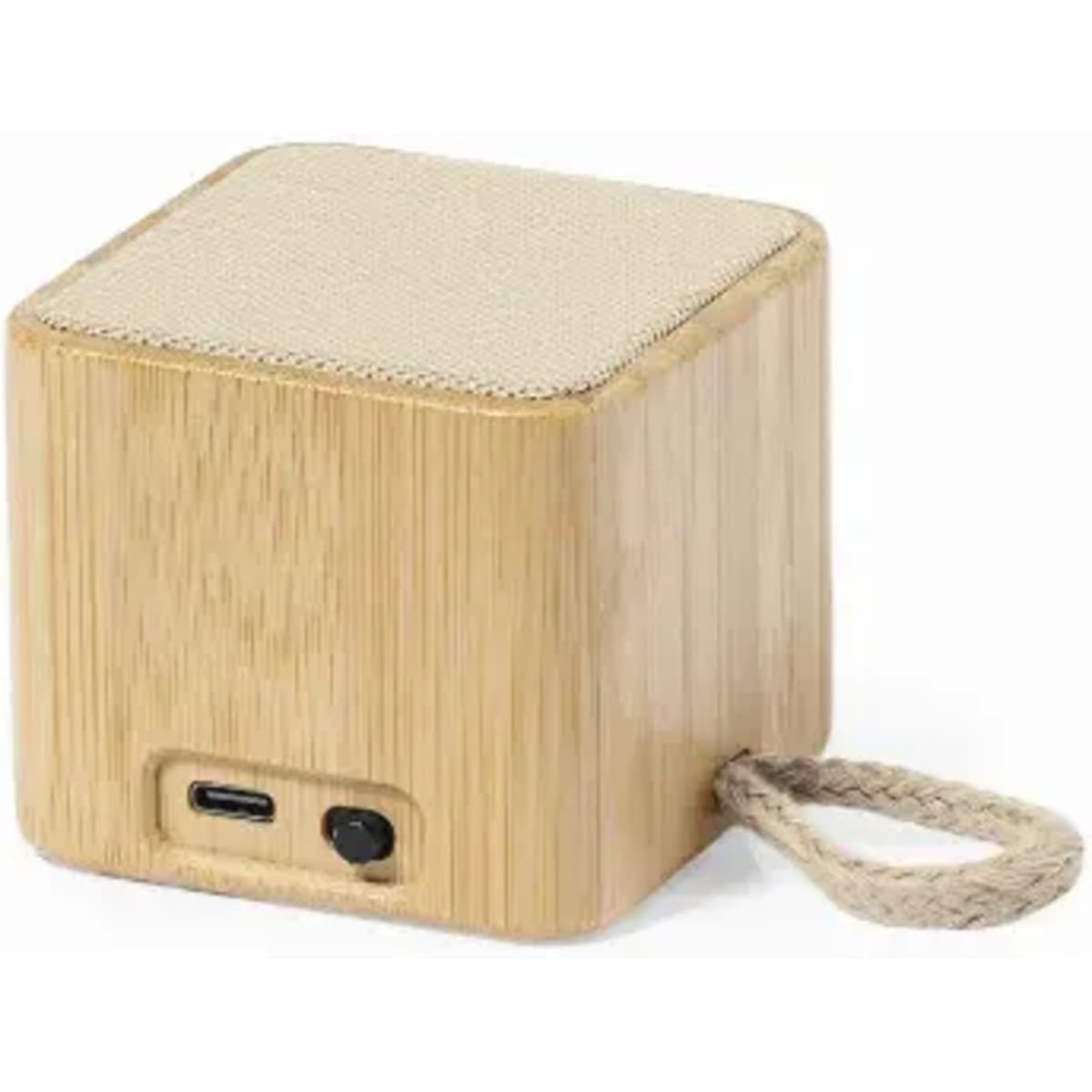 A wooden cube speaker with a beige fabric top and a braided handle, featuring a USB-C and audio input.