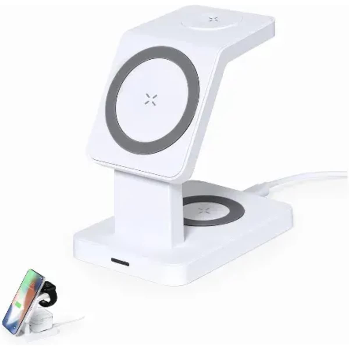 A wireless charging stand in white with a sleek design, featuring two charging pads and a connected cable.