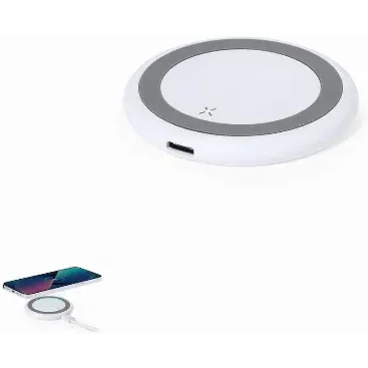 A wireless charger in white and grey, featuring a circular design and a USB-C port. Includes a smartphone next to it.