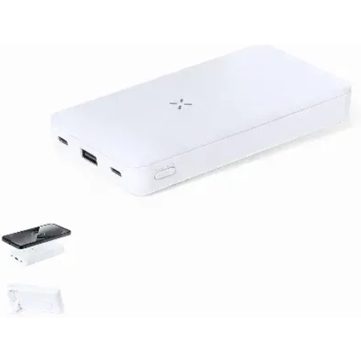 A portable charger in white, featuring multiple USB ports and a sleek, flat design. It includes a small additional device.